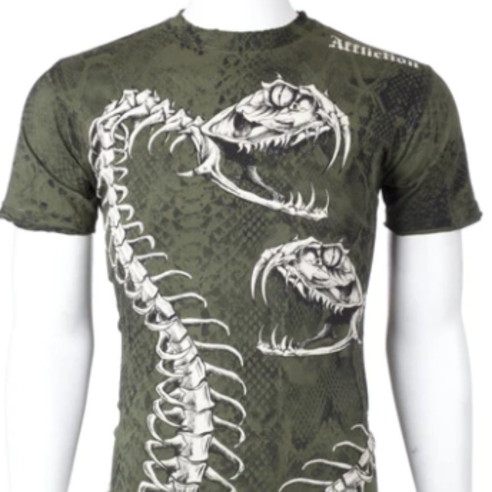 AFFLICTION Mens Short Sleeve SKELETAL Crewneck T-Shirt (Military Green)